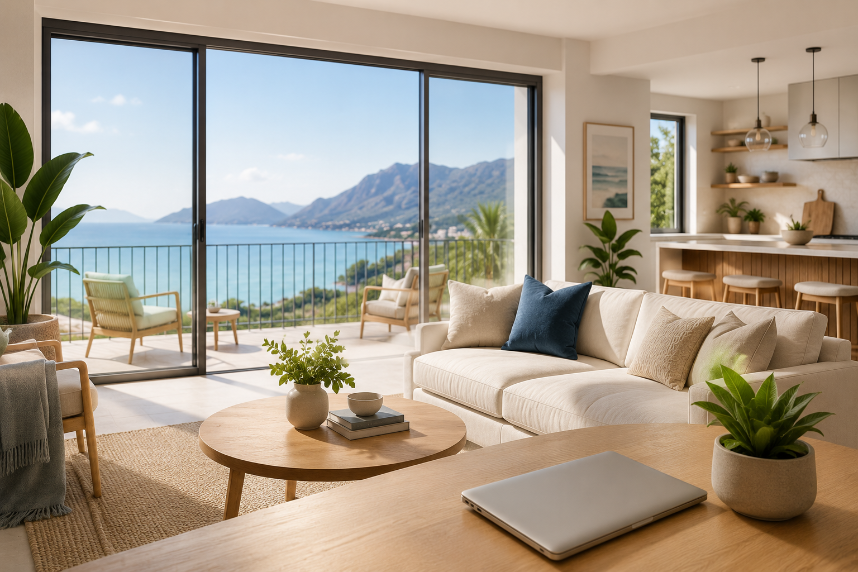 Bright, professionally styled short-term rental living room with ocean view