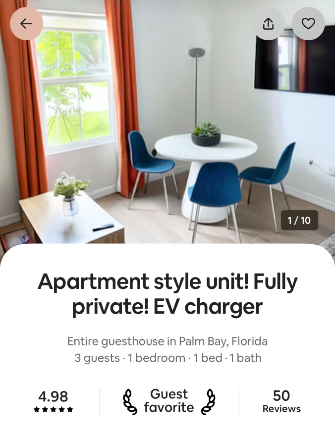Screenshot of our real Airbnb listing in Palm Bay, Florida — rated 4.98 with Guest Favorite badge and 50 reviews
