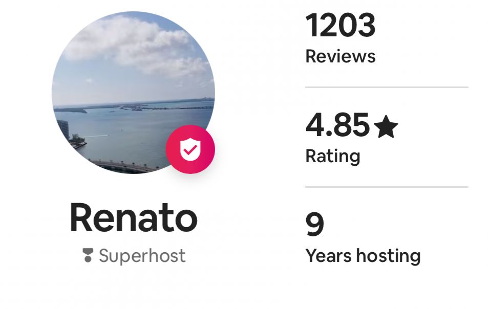 Renato's real Airbnb host profile: Superhost badge, 1,203 reviews, 4.85 star rating, 9 years hosting